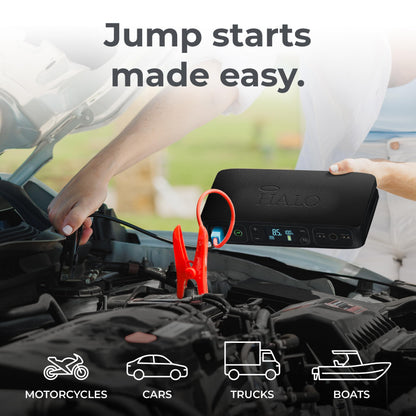 HALO Bolt Air 58830 Portable Car Battery Jump Starter | 100 PSI Air Compressor, 58.8Wh USB Power Bank, Emergency Floodlight & Charger, Jumps Cars SUVs & Trucks, Inflates Tires, TSA Approved — Black