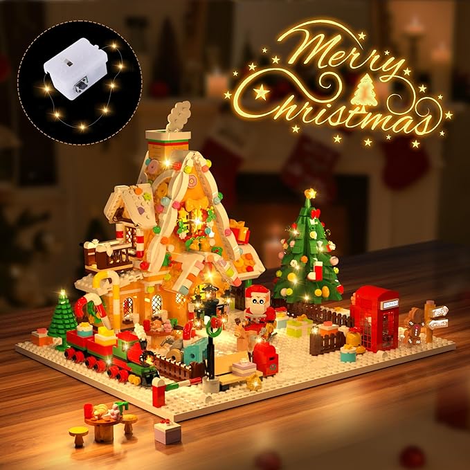 2025 Christmas Gingerbread House Courtyard Mini Building Set with Lights Christmas Village Building Block Toy with Santa Xmas Tree Holiday Train Gift for Adults Boys Girls 14+ (1763PCS)