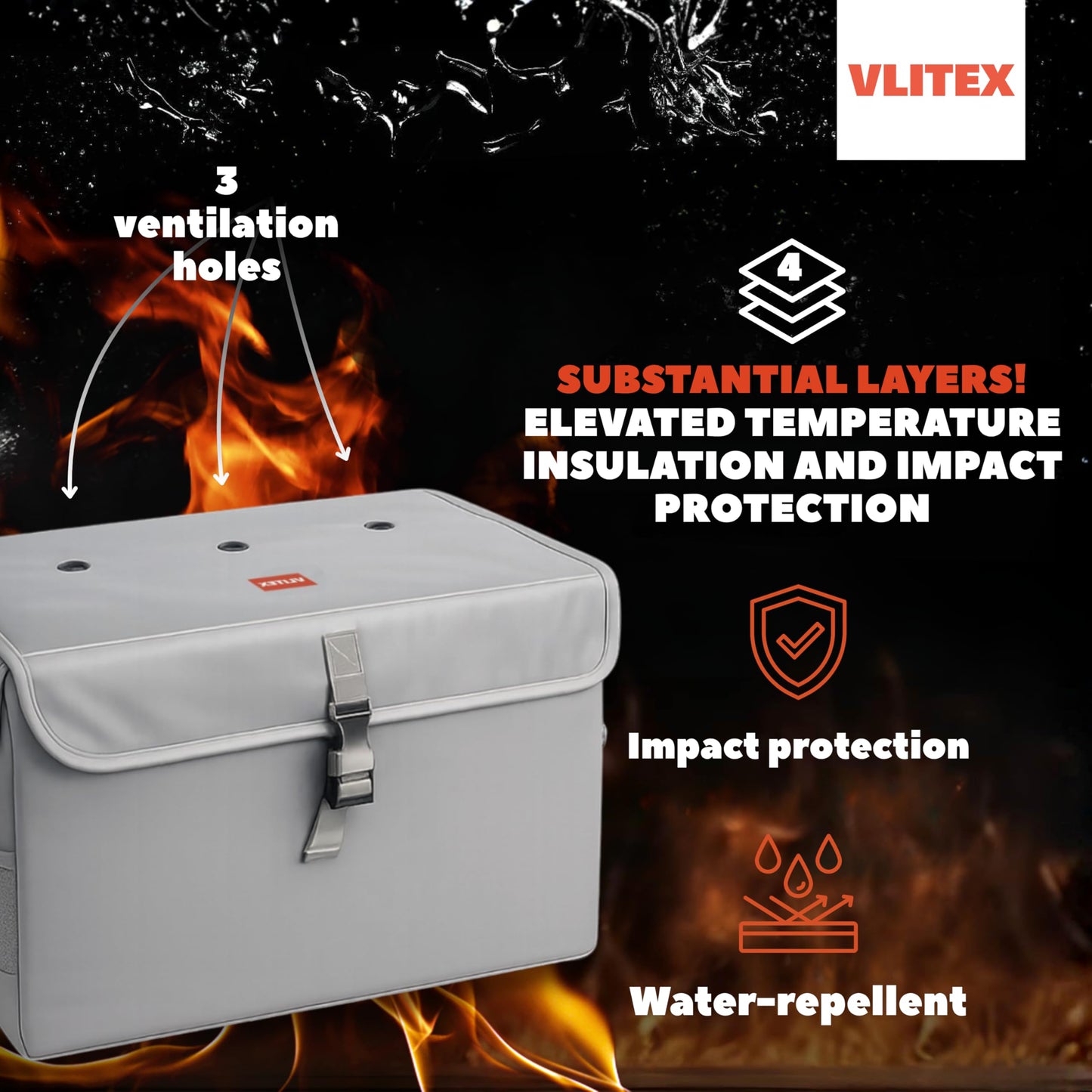 VLITEX Lithium Battery Storage Box XL (Extra Large) | Engineered in Germany | Fireproof E-Fiberglass & Silicone Fabric | Certified Lipo Safe Bag Container