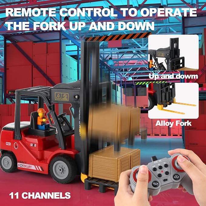 RC Forklift with Trailer Kids Forklift Construction Toys Set with Lift Fork &amp Hook &amp Flatbed 11 Channel Kids Forklift Toy with Light &amp Sound &amp Spray Gift for Kids 6+ (Red)
