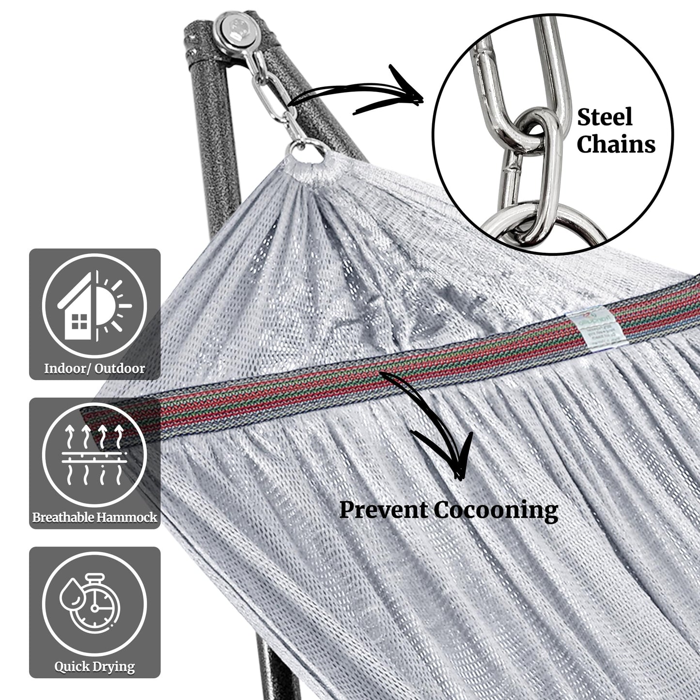 Tranquillo Universal Double Hammock with Stand Included for 2 Persons/Foldable Hammock Stand 600 lbs Capacity Portable Case - Inhouse, Outdoor, Camping, Grey