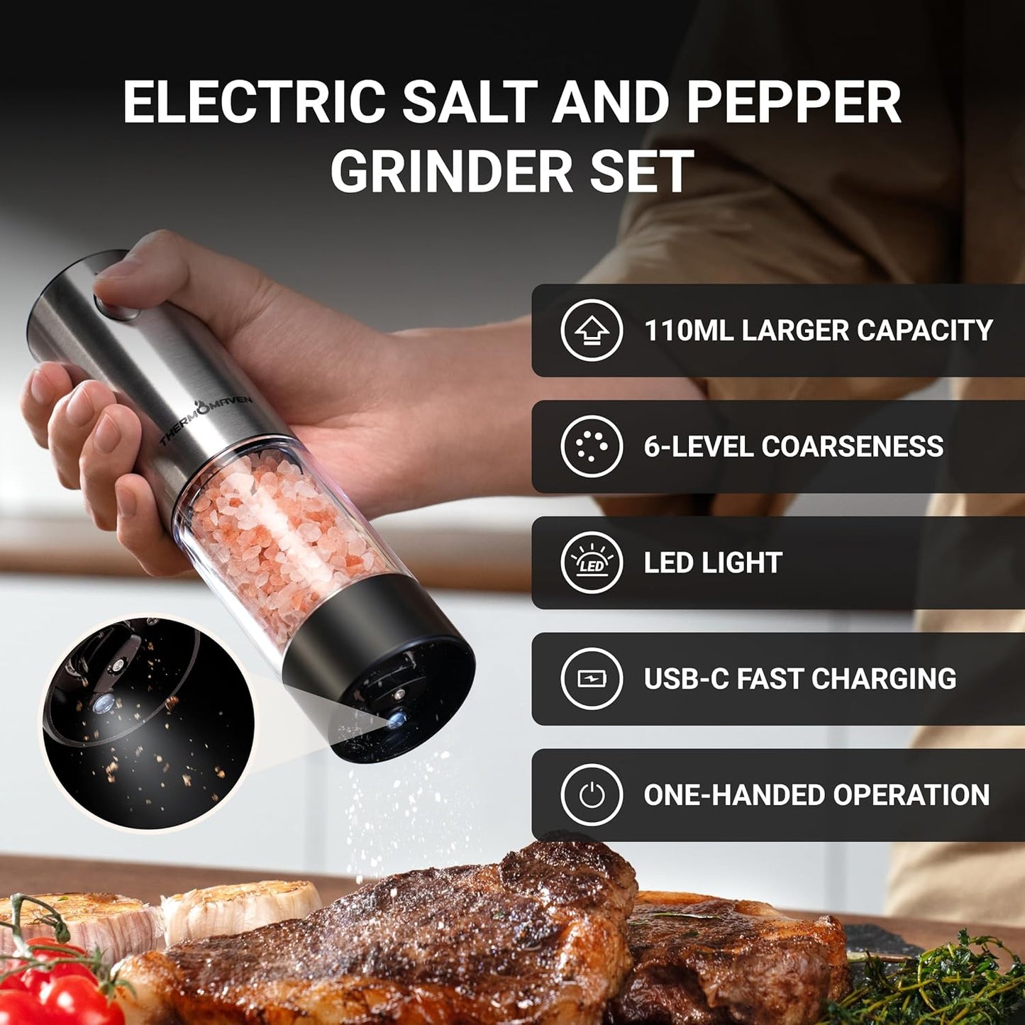 ThermoMaven Electric Salt and Pepper Grinder Set - Rechargeable 110ml Mill with 6 Coarseness Levels | Black, 2-Pack