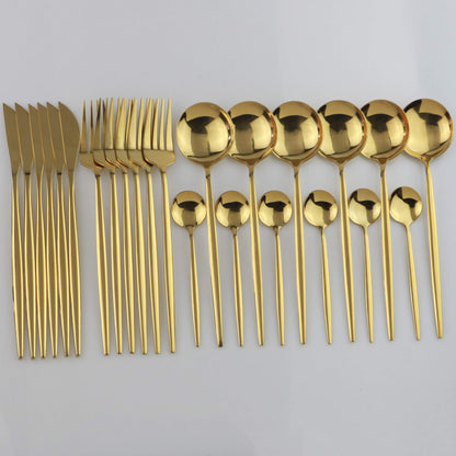 JANKNG 24-Piece Flatware Set, 18/0 Stainless Steel Knife Fork Spoon Teaspoon Silverware Set, Service for 6, MIrror Gold