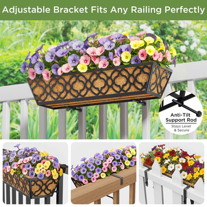 Y&M Railing Planter Boxes 24 Inch 2 Pack, Hanging Balcony Planter, Adjustable Deck Railing Planter Box, Metal Window Boxes Outdoor for Fence, Porch Flower Pots Holder