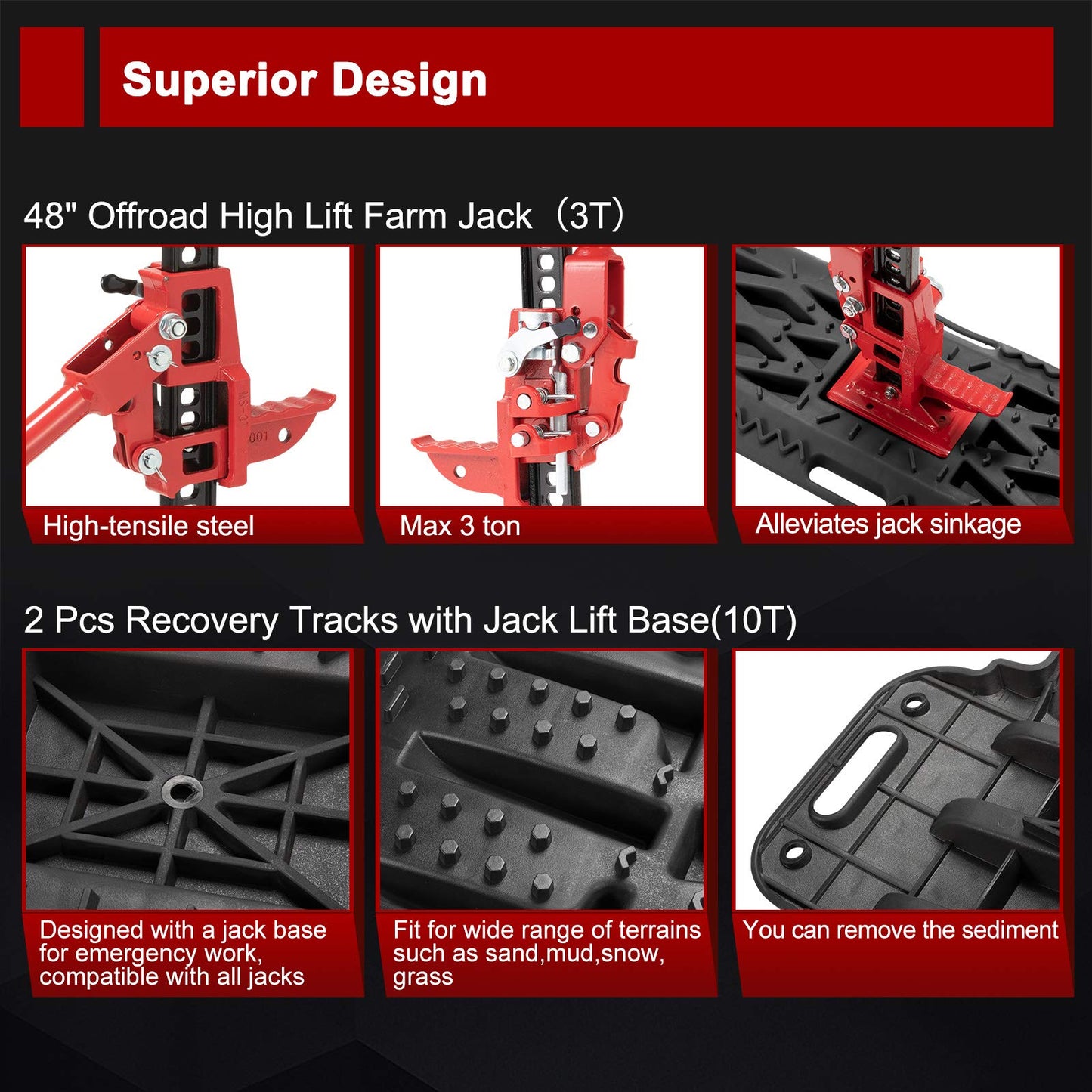 BUNKER INDUST Offroad High Lift Jack with Pair Traction Board Mate + 1"×30ft Kinetic Recovery Rope with 2 Soft Shackles Kit