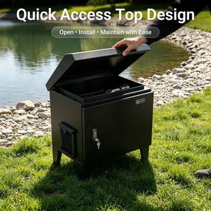 HQUA Pond Aerator Pump Cover Cabinet, Weatherproof Outdoor Protection System with Cooling Fan, Pre-Wired Outlet & 10 ft Power Cord, Galvanized Steel Enclosure 19”W × 14”D × 18.5”H