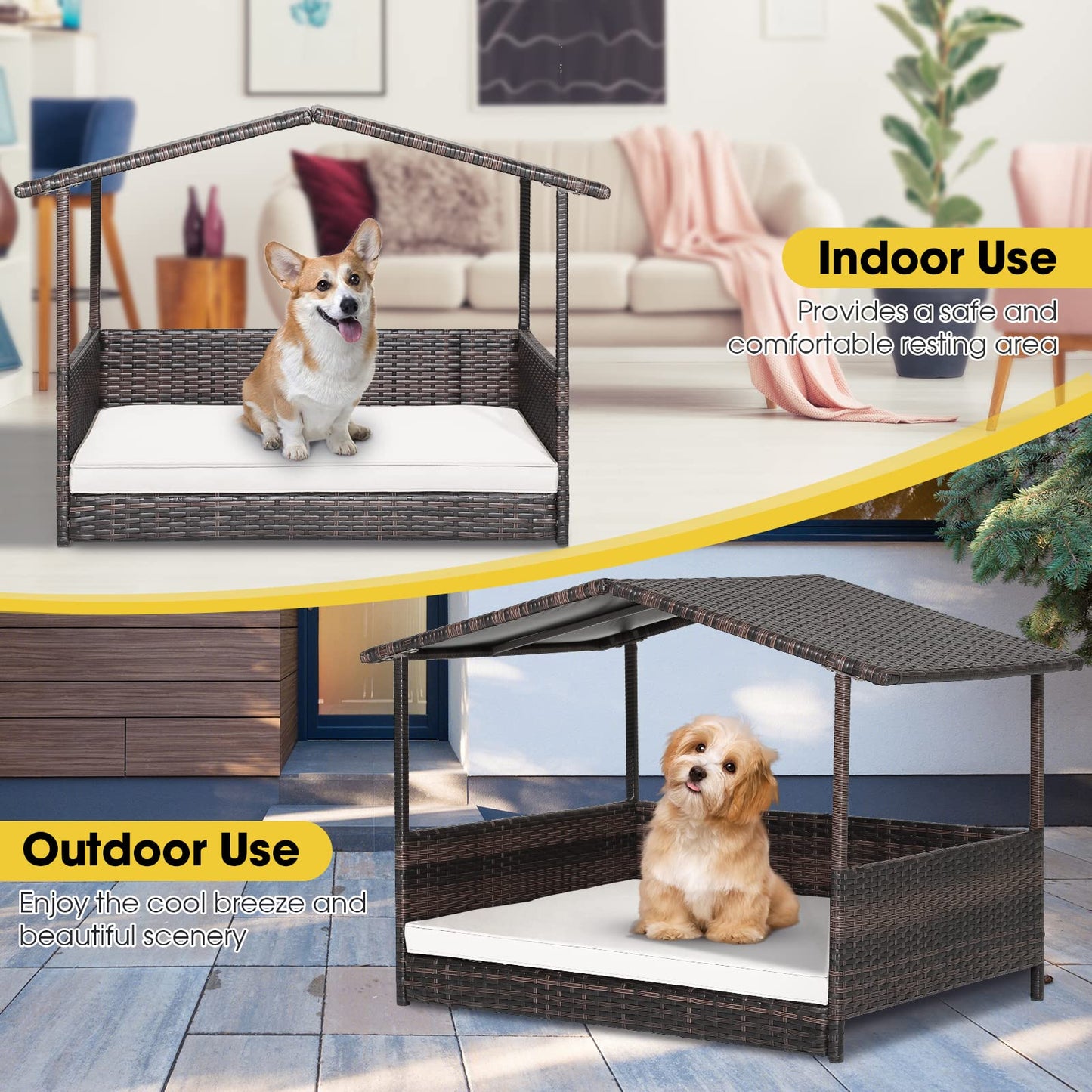 PETSITE Wicker Elevated Dog Bed with Weatherproof Roof, Raised Rattan Pet House Indoor/Outdoor with Removable Cushion Lounge for Small, Medium Dogs