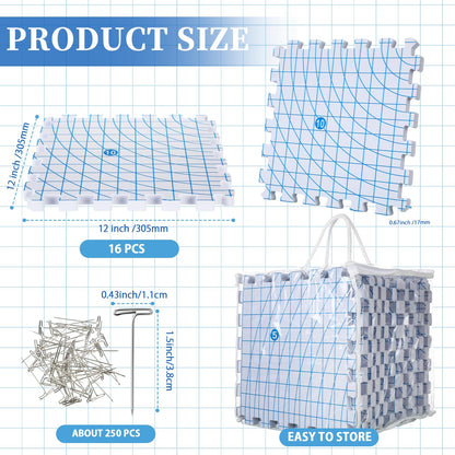 Threehoney 16 Pcs Thick Blocking Mats for Knitting Interlocking Blocking Boards with Grids, 250 T Pins and Storage Bag for Needlework Needlepoint Crocheting Supplies