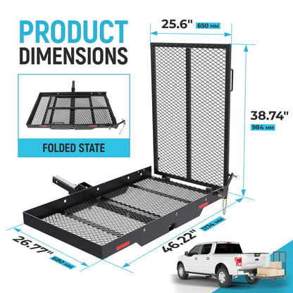 ECOTRIC 46.2 X 26.8 X 38.7 Inch Hitch Cargo Carrier W/Ramp Foldable 500 Lbs Trailer Hitch Mount Steel Wheelchair Carrier Mobility Scooter Ramp 2" Hitch Receiver for Snow Blower SUV Truck Van Car