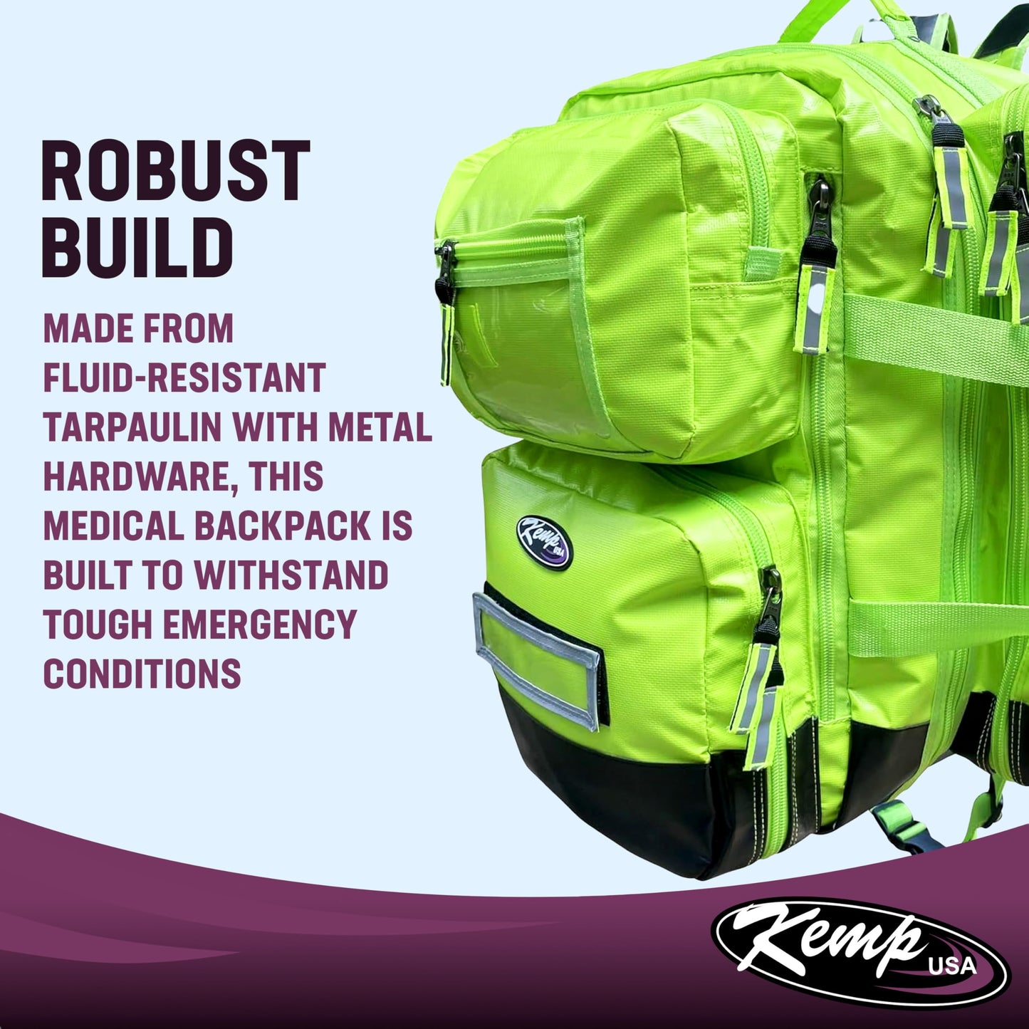 Kemp USA Ultimate EMS Backpack Neon Green Emergency Response Medical Bag Fluid Resistant Tarpaulin EMT Storage Fits BLS ALS Equipment D Tank Oxygen Cylinder Professional Field Use
