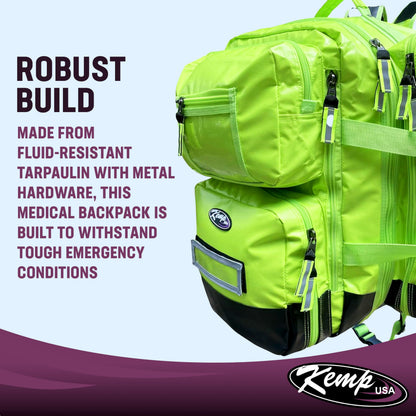 Kemp USA Ultimate EMS Backpack Neon Green Emergency Response Medical Bag Fluid Resistant Tarpaulin EMT Storage Fits BLS ALS Equipment D Tank Oxygen Cylinder Professional Field Use