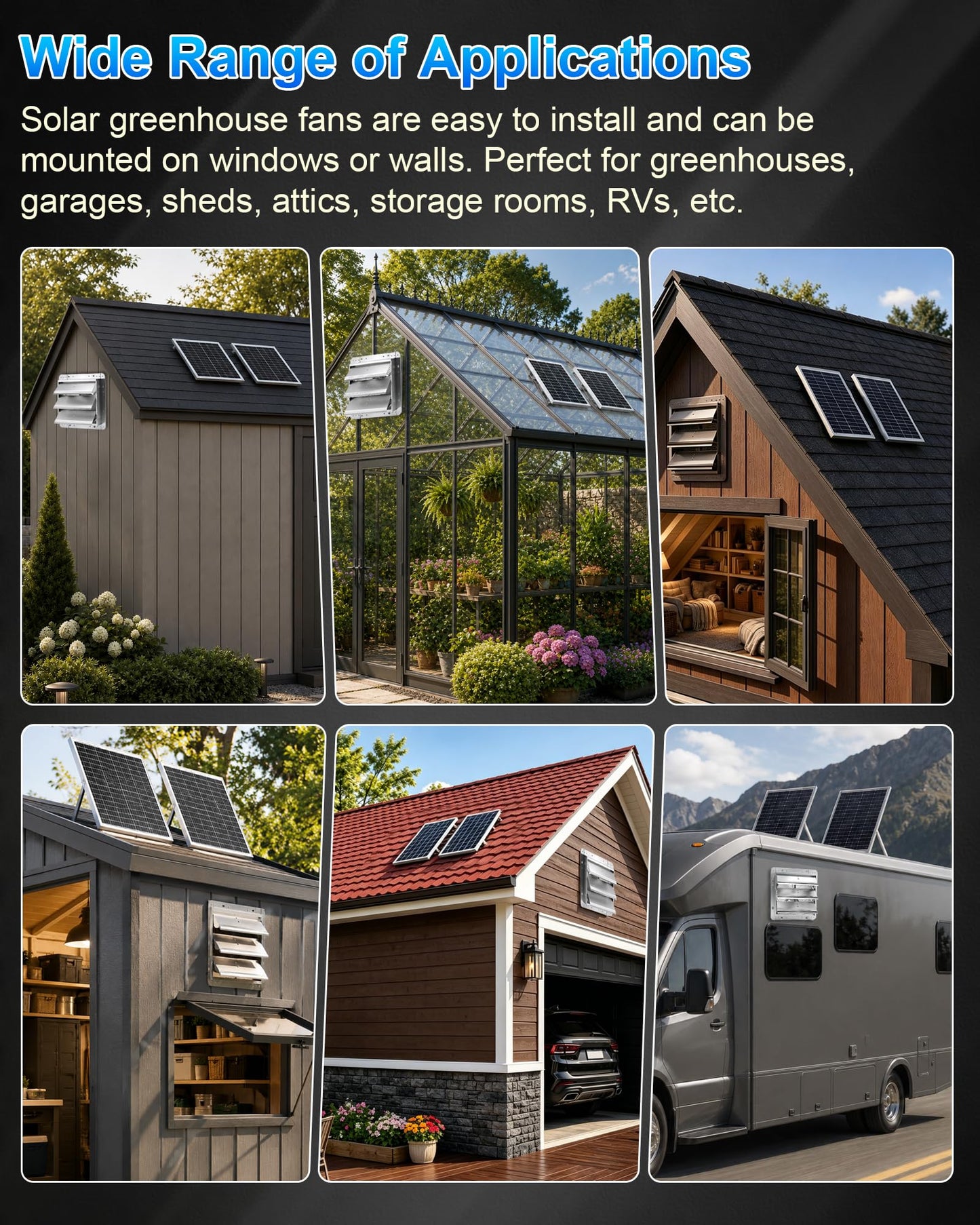 12" High Speed Solar Exhaust Fan for Greenhouse Equipped with Two 30W Solar Panel, with Battery and Smart Charging System. Applicable to Garages, Sheds, Attics, Storage Rooms, RVs
