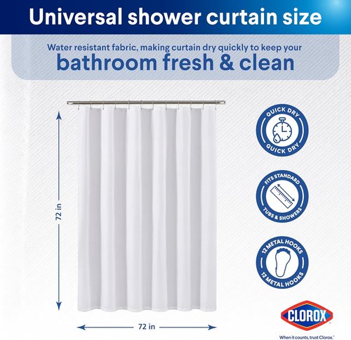 Clorox 2-in-1 Shower Curtain Liner - Durable Fabric with Weighted Magnets | 72" x 72" White