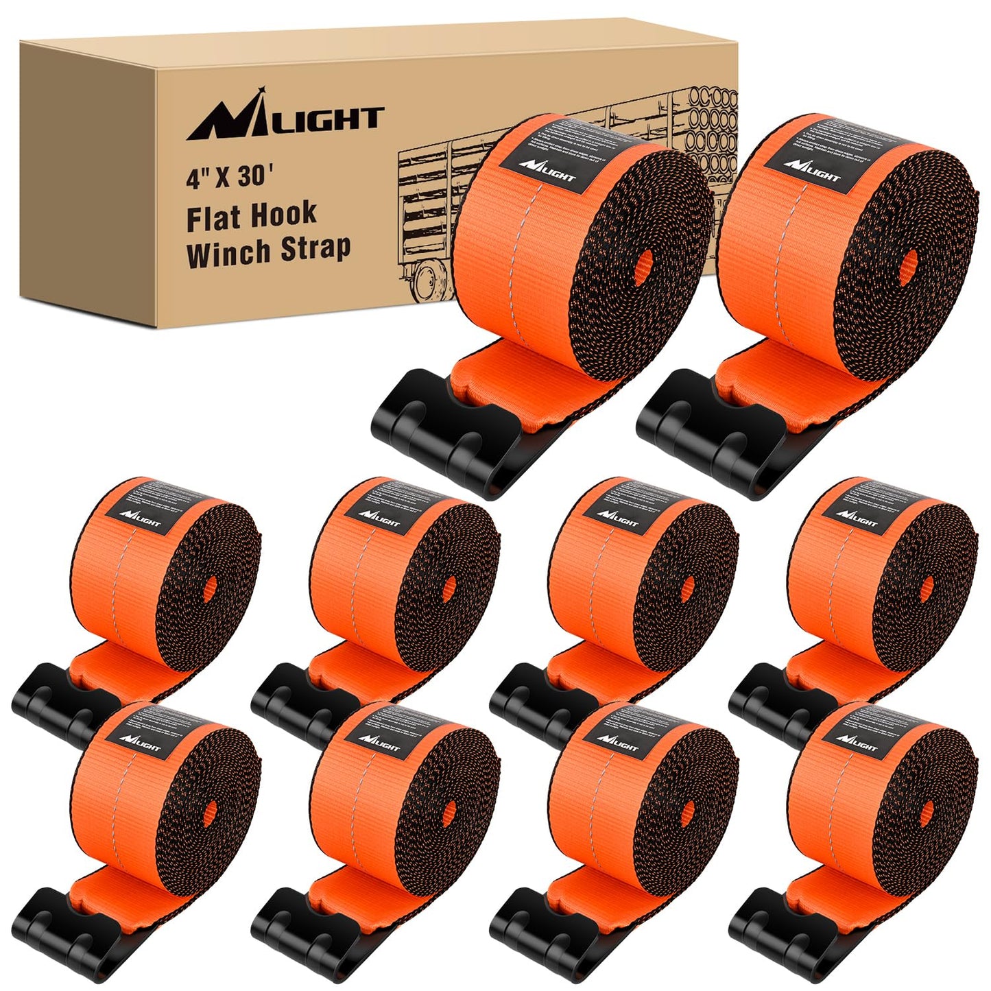 Nilight Truck Straps 4”×30’ Orange Heavy Duty Winch Straps with Flat Hook Break Strength 16800LBS WLL 5400LBS Cargo Straps for Flatbeds Trucks Trailers Farms Rescues Tree Saver (10PACK)