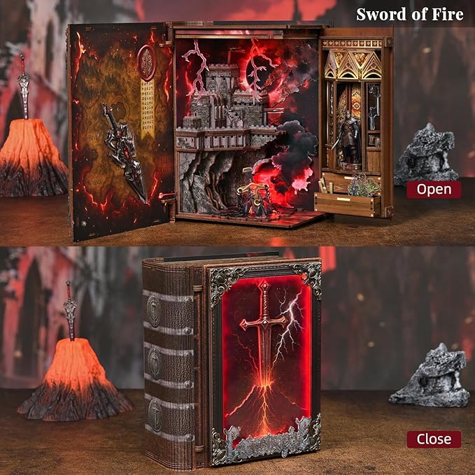 Book Nook Kit with LED Light Miniature House Kit for Birthday 3D Wooden Bookends Puzzle Bookshelf Decor for Adults Teens Beginners (The Sword of Fire)