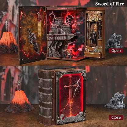 Magic Book Nook Building Set with Lights DIY Booknook Building Model Kit for Home Bookshelf Decor Miniature House Building for Adults Teens (The Sword of Fire)