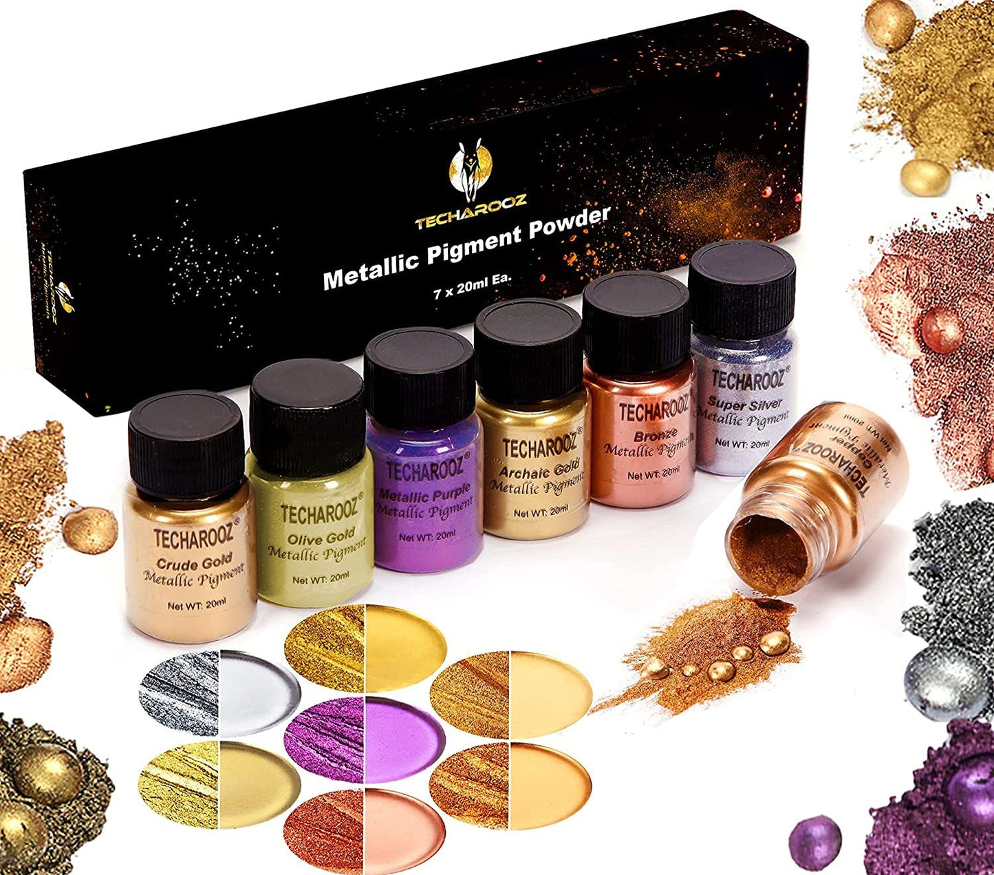 TECHAROOZ Metallic Pigment Powder, 7x20ml Fine Metal Dye for Epoxy Resin, UV Resin, Countertops, Soap Making, Candles DIY Acrylic Paints & Other Craft
