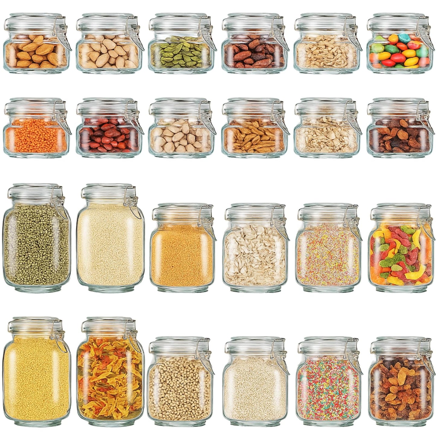 Maxdot 24 Pack Glass Mason Jar with Lid, 17oz 34oz 51oz 3 Size Airtight Food Storage Jar Set Square Food Storage Container for Kitchen Flour Grain Sugar Bean Canning Oat Coffee Pasta Snack Nut