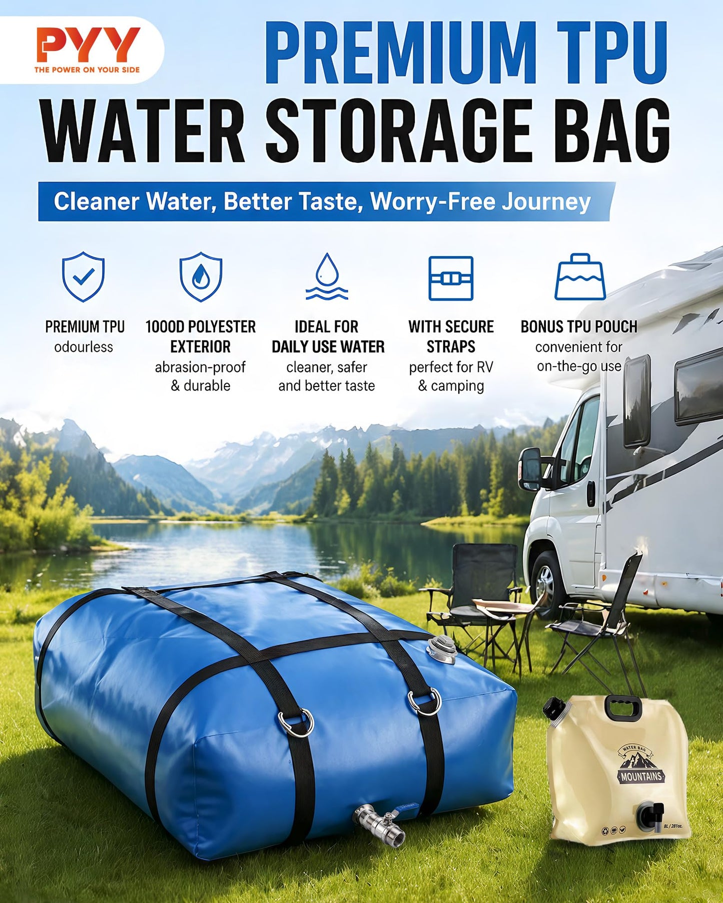 PYY Water Storage Bladder - 60 Gallon TPU Portable Fresh Water Tank with Strap, Food Grade Collapsible Flexible Container with Spigot for Daily Use Water, Camping, Irrigation & Emergency Storage