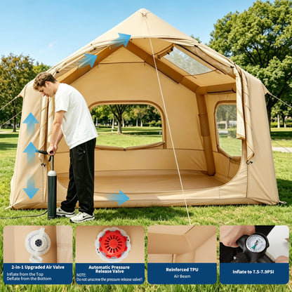 Inflatable Tents for Camping, Blow Up Tent for 3-6 People, Blow Up Camping Tent with Hand Pump, 5-Min Setup Air Tent with Stove Jack, Waterproof Oxford Family Glamping Tent
