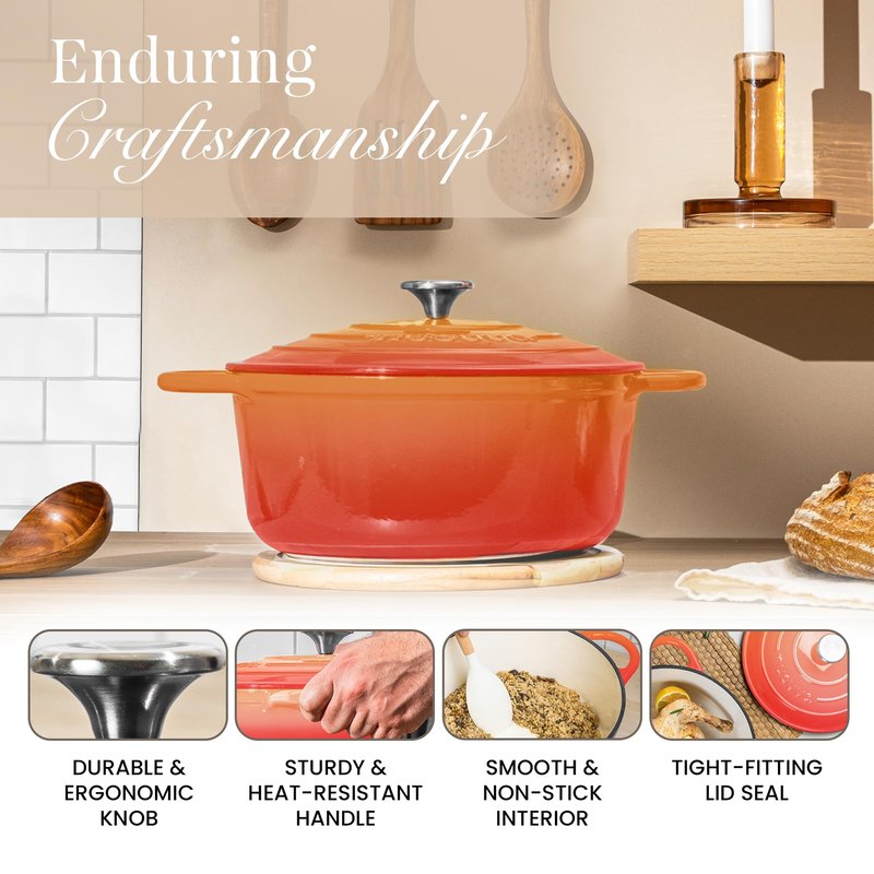Cast Iron Dutch Oven with Lid – Non-Stick Ovenproof Enamelled Casserole Pot – Sturdy Dutch Oven Cookware – Orange, 7.3-Quart, 30cm – by Nuovva