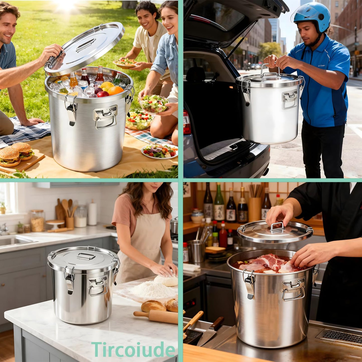 Tircoiude 304 Stainless Steel Flour Canister, 12.7 Gal Airtight Metal Canisters with Lids, Dog Food Storage Container for Rice, Bird Seed, Commercial Milk Storage 48L