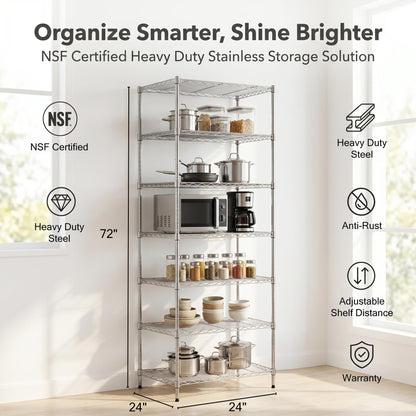 Finnhomy Heavy Duty 7 Tier Wire Shelving, 24x24x72 inches 7 Shelves Storage Rack with Thicken Steel Tube, Pantry Shelves for Storage, Adjustable Metal Shelf Unit, NSF Certified, Chrome