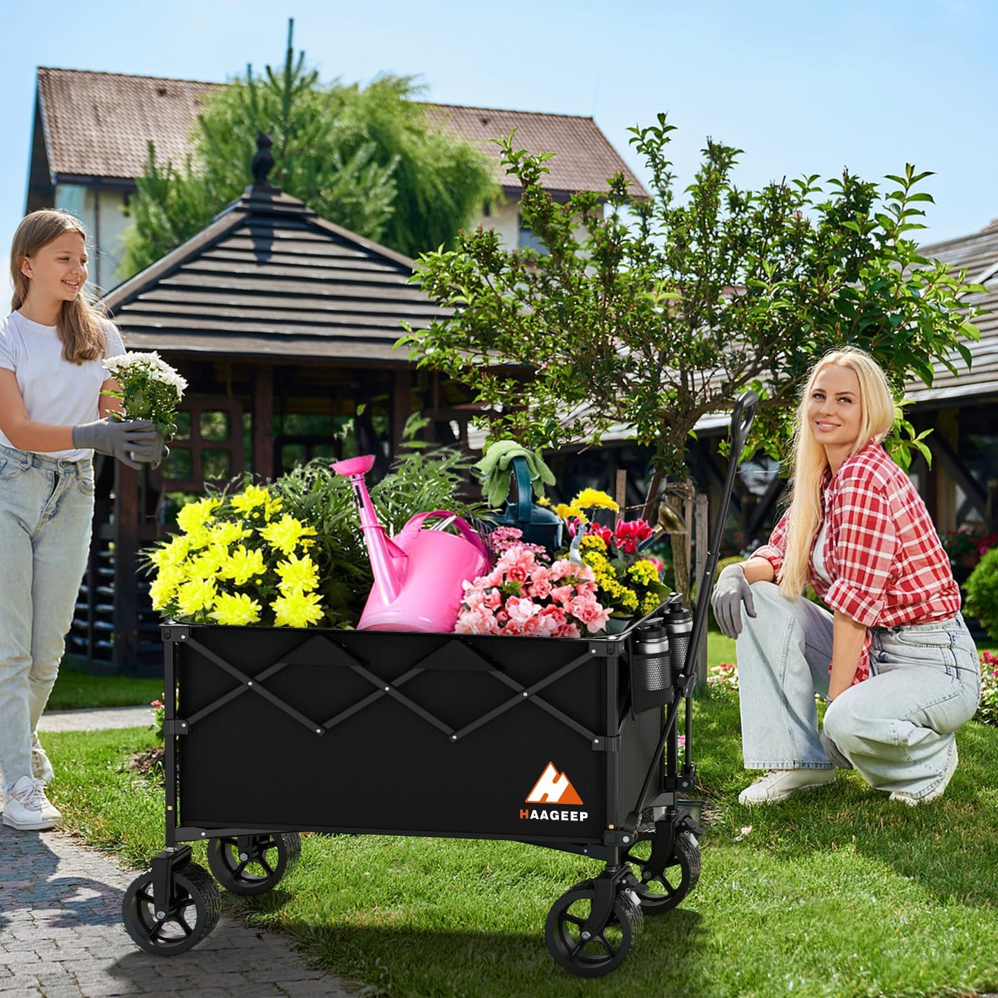 Collapsible Wagon Cart with Wheels Foldable - Folding Utility Heavy Duty Wagons Carts for Grocery Sports Garden Shopping Camping Wheelbarrows (Black, 220L)