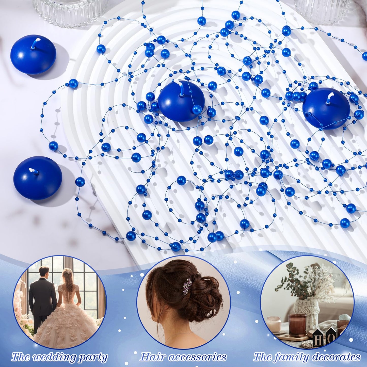 Fumete 40 Pcs Blue Floating Candles Pearl Strings for Centerpieces Small Unscented Floating Candles Vase Fillers Table Decoration for Meditation, Spa, Swimming Pool Party, Wedding Dining Table Decor