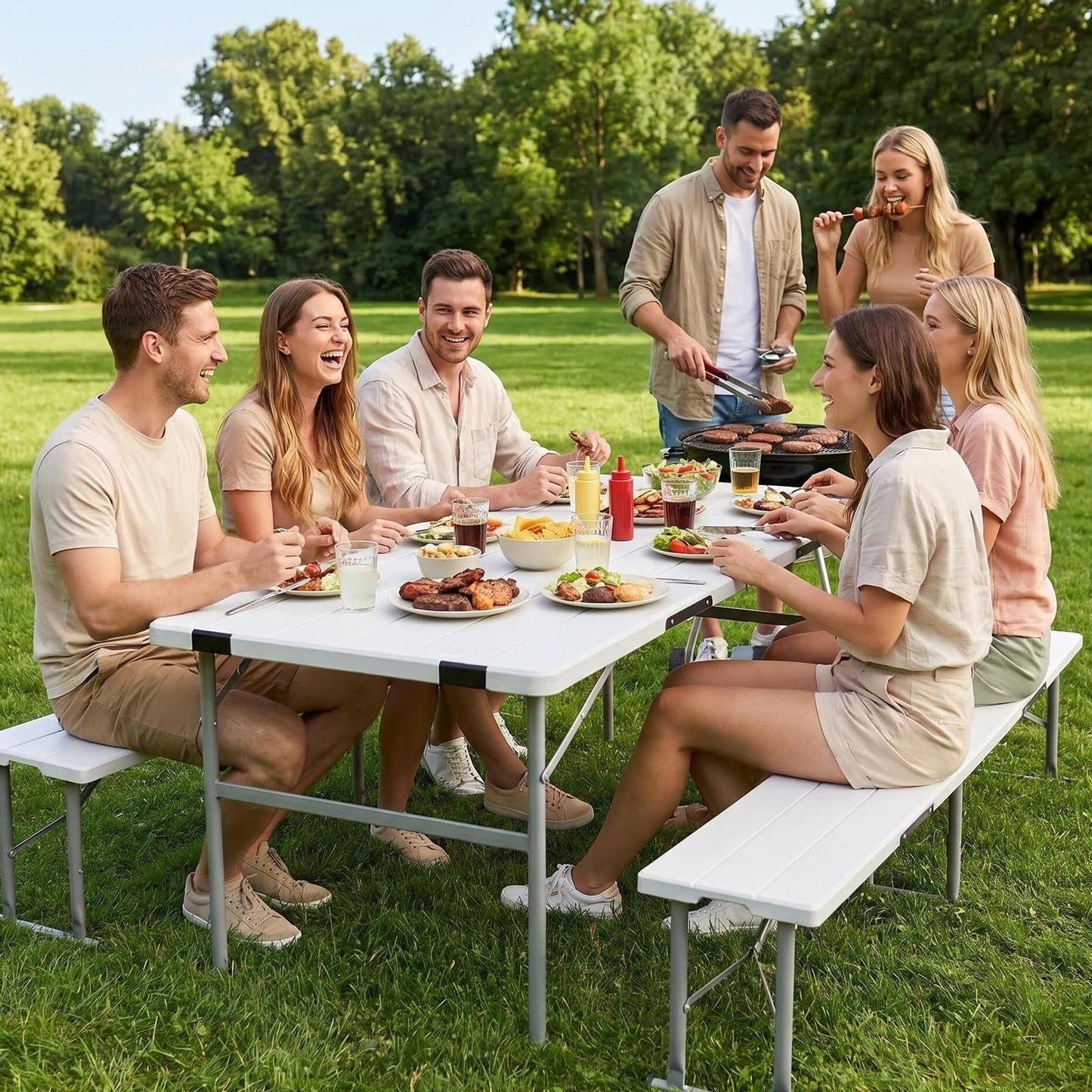 HiEthan Picnic Table Set with 2 Benches, 5FT Portable Folding Picnic Table for Indoor Outdoor, Camping Patio Dining, Heavy Duty Metal Frame, Compact Carry for Backyard, White