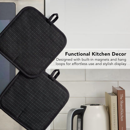KITCHENAID Gourmet Series Gridlines Pot Holders 2-Pack Set, Heat Resistant up to 600°F, Soft Silicone Grip, Magnetic Cuff, Matte Black, 8"x8"