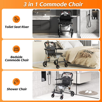 Portable Bedside Commode Chair 3-in-1, Foldable Toilet Chair with Raised Seat & Shower Chair, for Use with Wheelchairs for Adults, Heavy Duty Commode for Elderly, Disabled, Supports 330 lbs (BLACK)