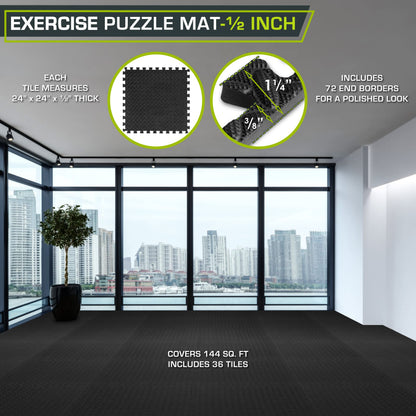 ProsourceFit Exercise Puzzle Mat ½-inch, EVA Interlocking Foam Floor Tiles for Home Gym, Workout Equipment, Kids Play Areas, Black, 144 SQ FT - 36 Tiles