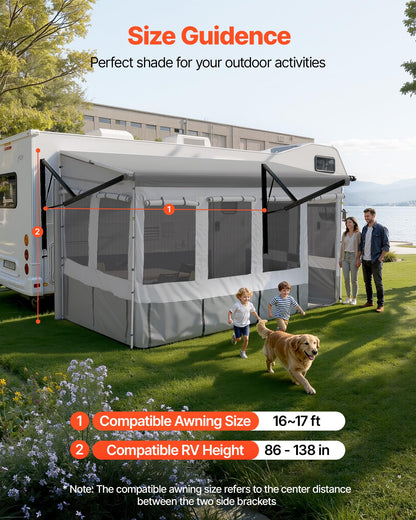 VEVOR RV Awning Sun Shade Room - Compatible with 16-17 ft Awnings, RV Awning Sun Shading Room with Door & Ventilated Mesh Windows, Sunproof & Windproof Three-Sided Enclosure Tent for RV Camping