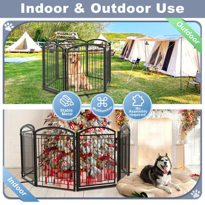 Full Metal Free Standing Dog Gate with Door for Indoor Barriers,144'' Extra Wide 32'' Tall Dog Gate for Doorways,Large Openings,Decks,Freestanding Portable Pet Fence(6 Panels,Black)