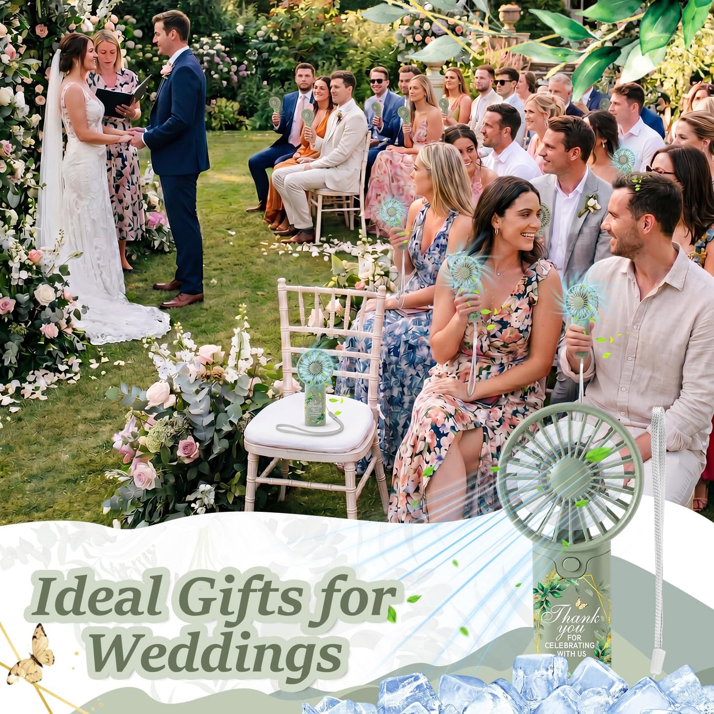 VIHOSE 50 Pcs Mini Wedding Handheld Fan for Guests Bulk Portable Electric Personal Fans with Thank You Print for Guest Summer Outdoor Bridal Shower, Battery Not Include(Boho Floral,Sage Green)