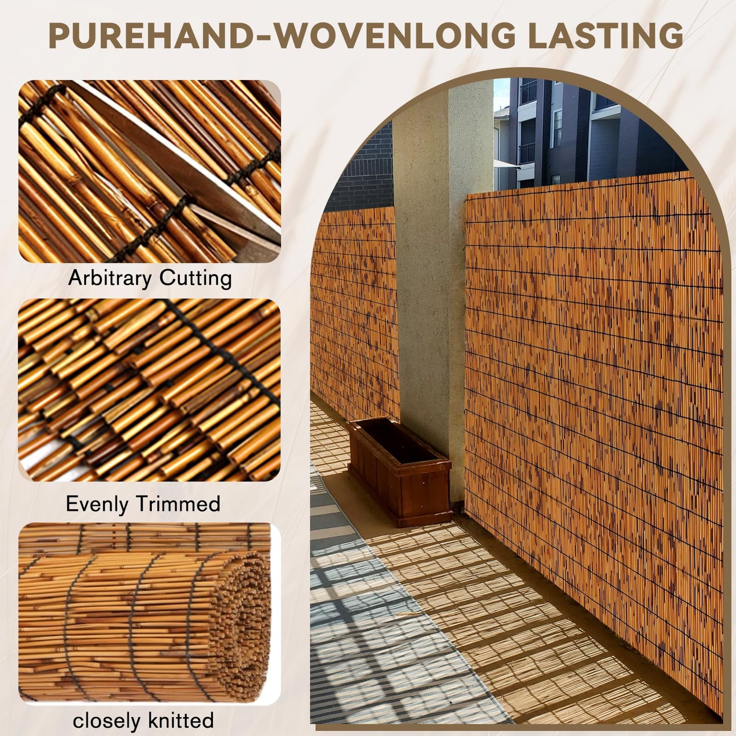 KOIUEYW Bamboo Reed Fencing, Light Russet Bamboo Fence Rolls 6 Feet High, Decorative Privacy Screen Reed Curtains for Patio Balcony Garden Backyard Outdoor, 6 x 16 FT