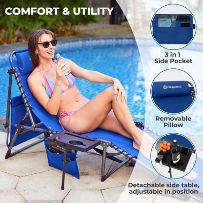 FUNDANGO 4 in 1 Tanning Chair with Face Hole, Beach Lounge Chair with Canopy Shade & Side Table Chaise Lounge Chairs for Patio, Pool, Lawn, Sunbathing, 5-Position Adjustable Sun Lounger, Blue