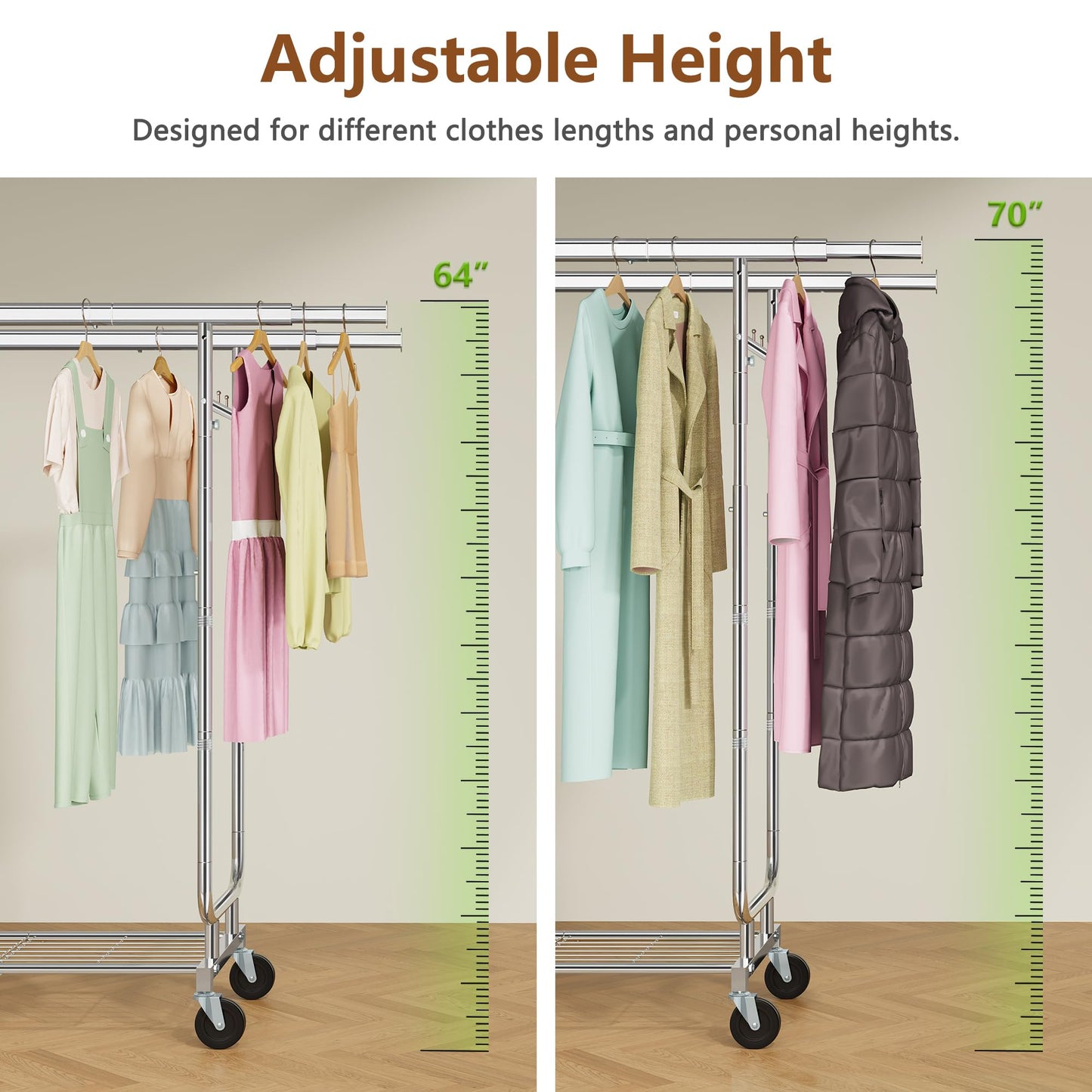 Heavy Duty Rolling Clothes Rack, 620 LBS Load Double Rod Adjustable Garment Rack with Storage Shelves & Lockable Wheels, Portable Clothing Rack for Hanging Clothes for Bedroom, Laundry Living Room