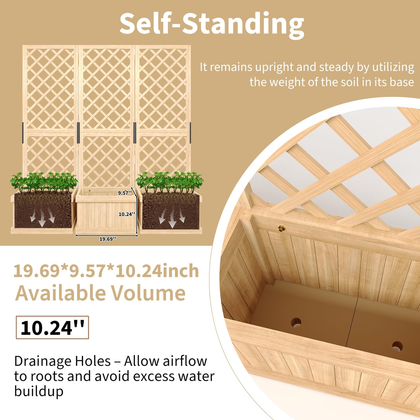 Cedar Privacy Screen with Planter Box - 3-Panel Freestanding Garden Fence, 62 in x10 in x65 in Tall Outdoor Divider with Drain Holes & Raised Bed for Patio, Deck & Backyard (Natural Wood)