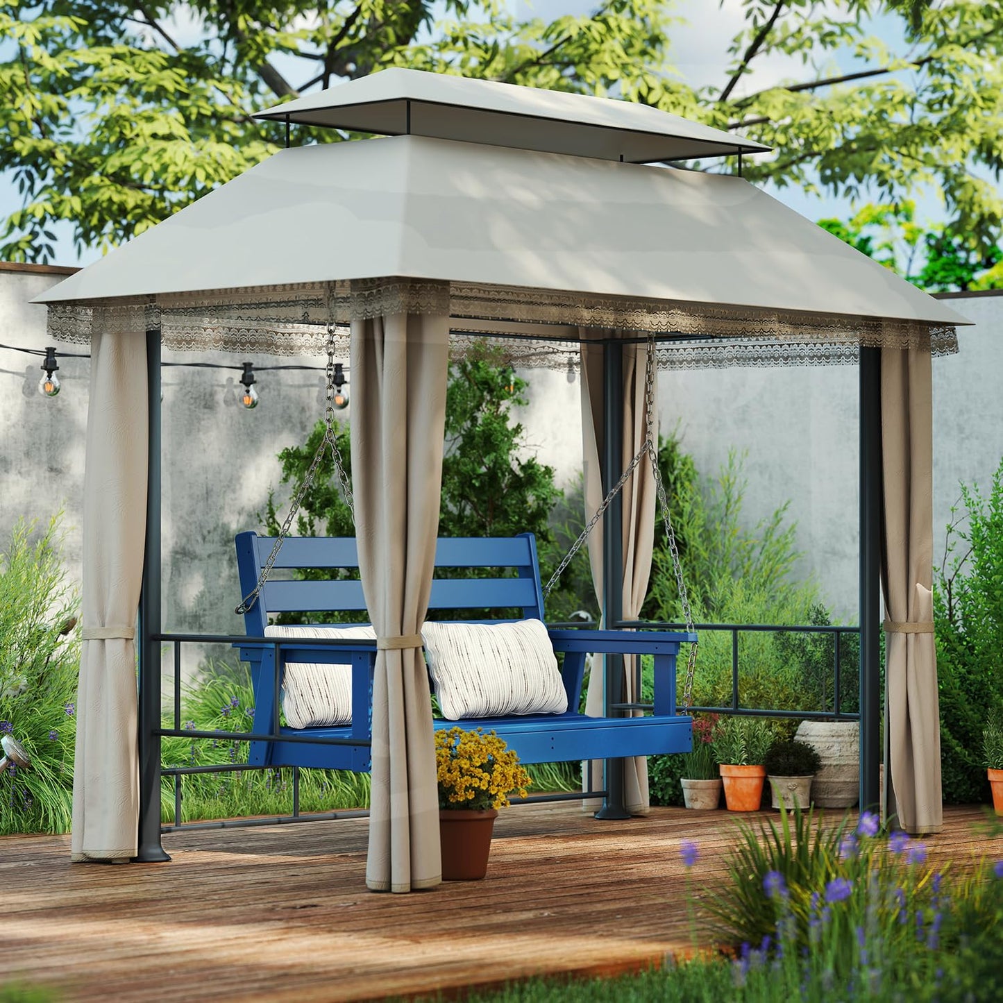 IVY&LANE Outdoor Porch Swing | HDPE Plastic | 2-Person | Hanging Bench Swings | Weatherproof | 4 Stainless Steel Chains | Blue | for Outside Patio Garden Backyard Tree