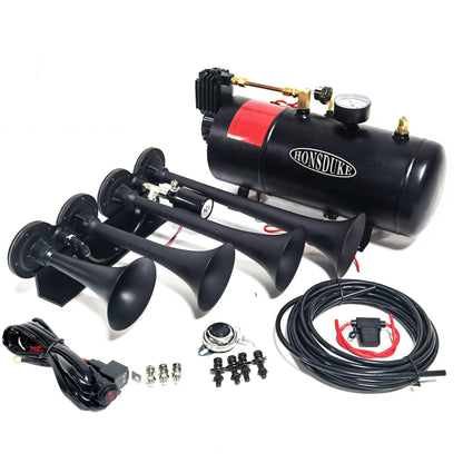 HONSDUKE 3 Liter Train Horn Kit for Trucks/Car/Semi. Complete Onboard System of 150psi Air Compressor, 1 Gallon Tank, 4 Trumpets. Super Loud dB. Fits All DC12V Vehicles Like Pickup/Jeep/RV/SUV