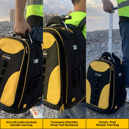 Wheeled Rolling Tool Bag Heavy Duty Tool Backpack for Men Tool Organizer Bag Including Laptop Sleeve(Yellow)