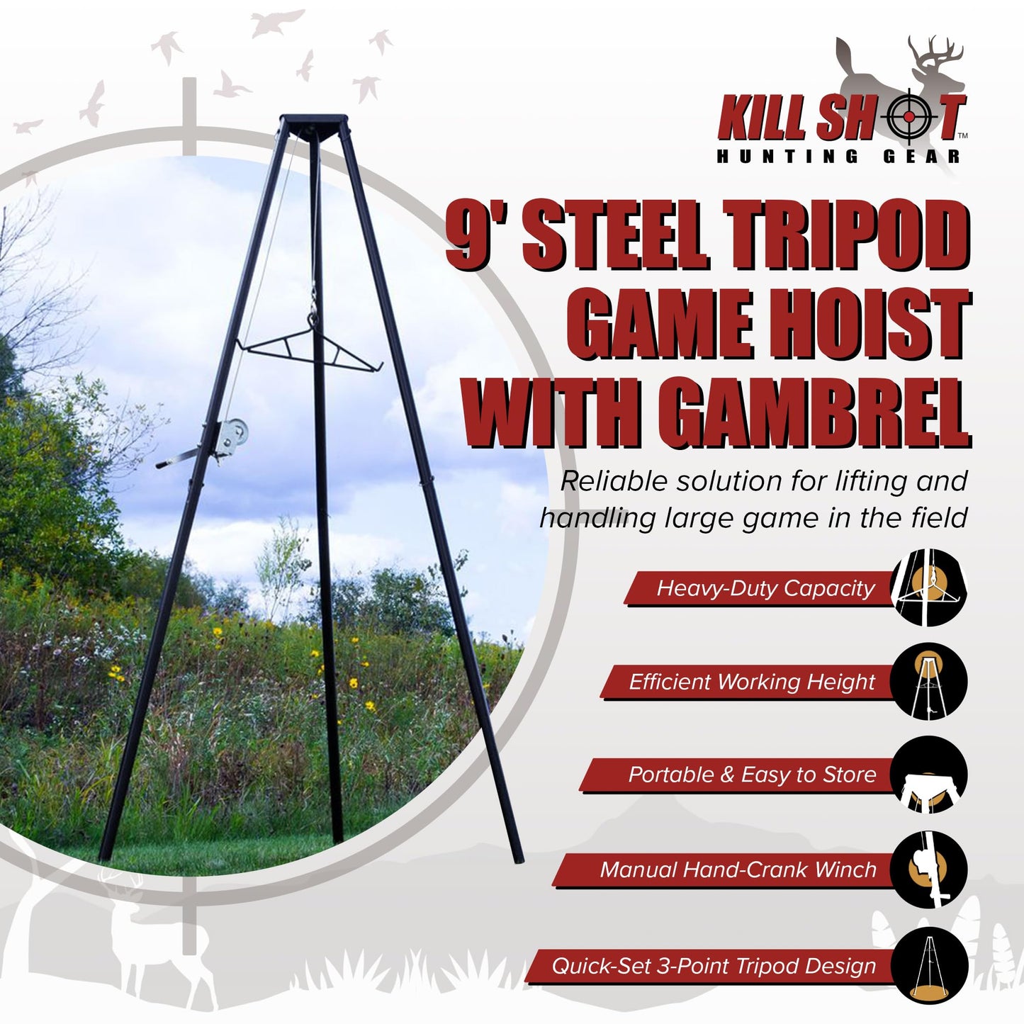 Kill Shot Hunting Tripod Game Hoist 500 lb Capacity with Gambrel & Winch for Cleaning, Skinning, Moving Game