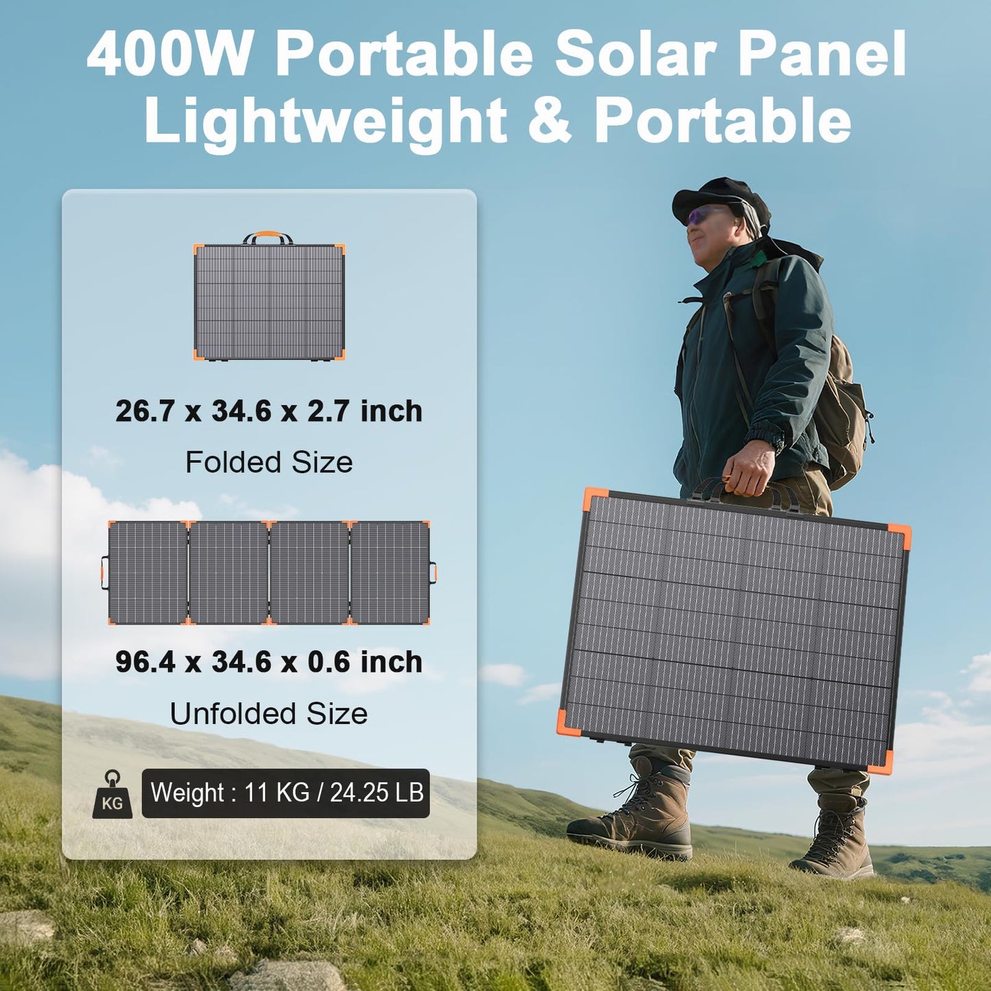 MHPOWOS 400W Bifacial Portable Solar Panel, 33V Lightweight Foldable Solar Charger for Power Station, IP68 Waterproof 23.5% High Efficiency with Adjustable Kickstands for Camping RVs Home Backup