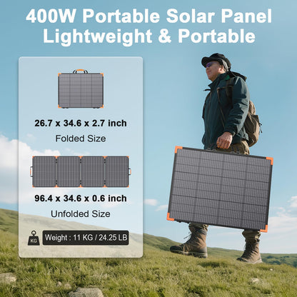 MHPOWOS 400W Bifacial Portable Solar Panel, 33V Lightweight Foldable Solar Charger for Power Station, IP68 Waterproof 23.5% High Efficiency with Adjustable Kickstands for Camping RVs Home Backup