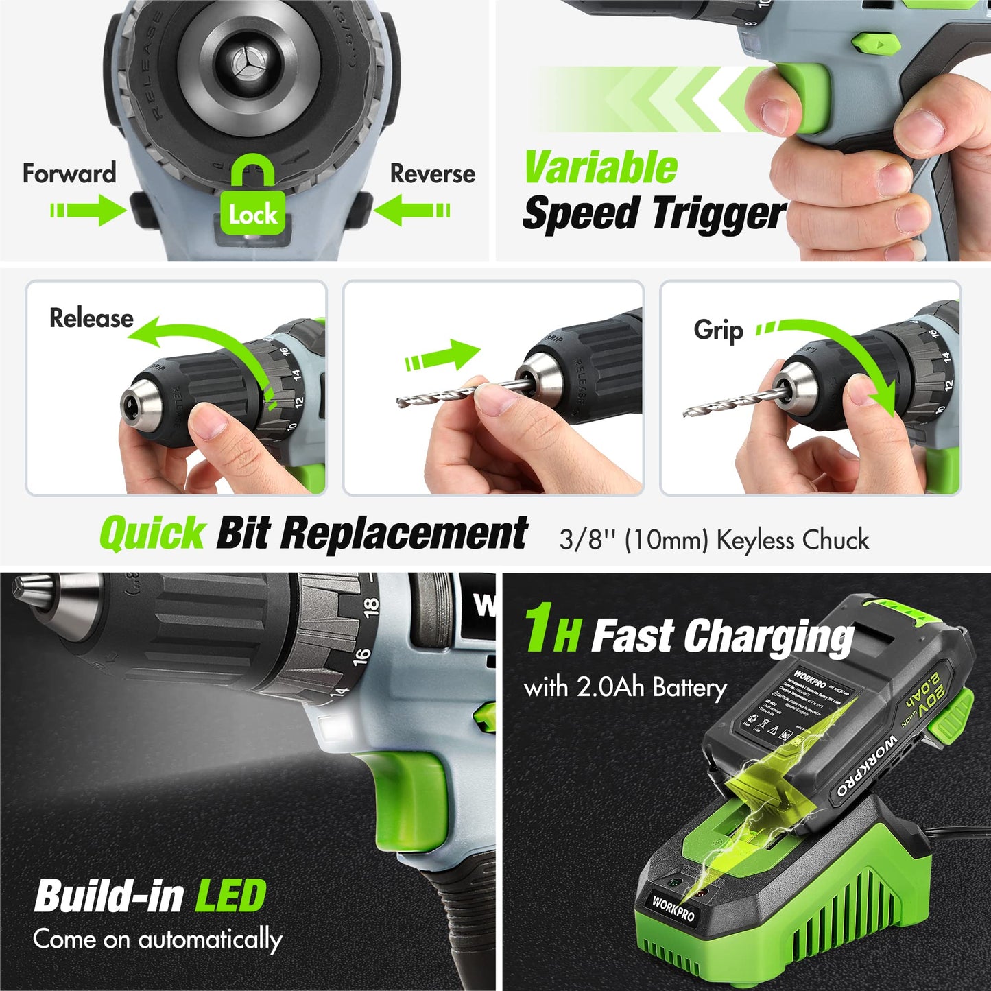 WORKPRO Home Tool Set with 20V Cordless Lithium-Ion Drill Driver, Household Repairing Tool Kit with Drill, 157PCS Power Drill Sets, 14-Inch Wide Mouth Storage Tool Bag, Green