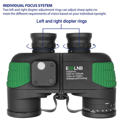 ESSLNB 7X50 Marine Binoculars IPX7 Waterproof Binoculars for Boating with Illuminated Rangefinder and Compass BAK4 Prism FMC Military Floating for Navigation Hunting w/Bag and Strap