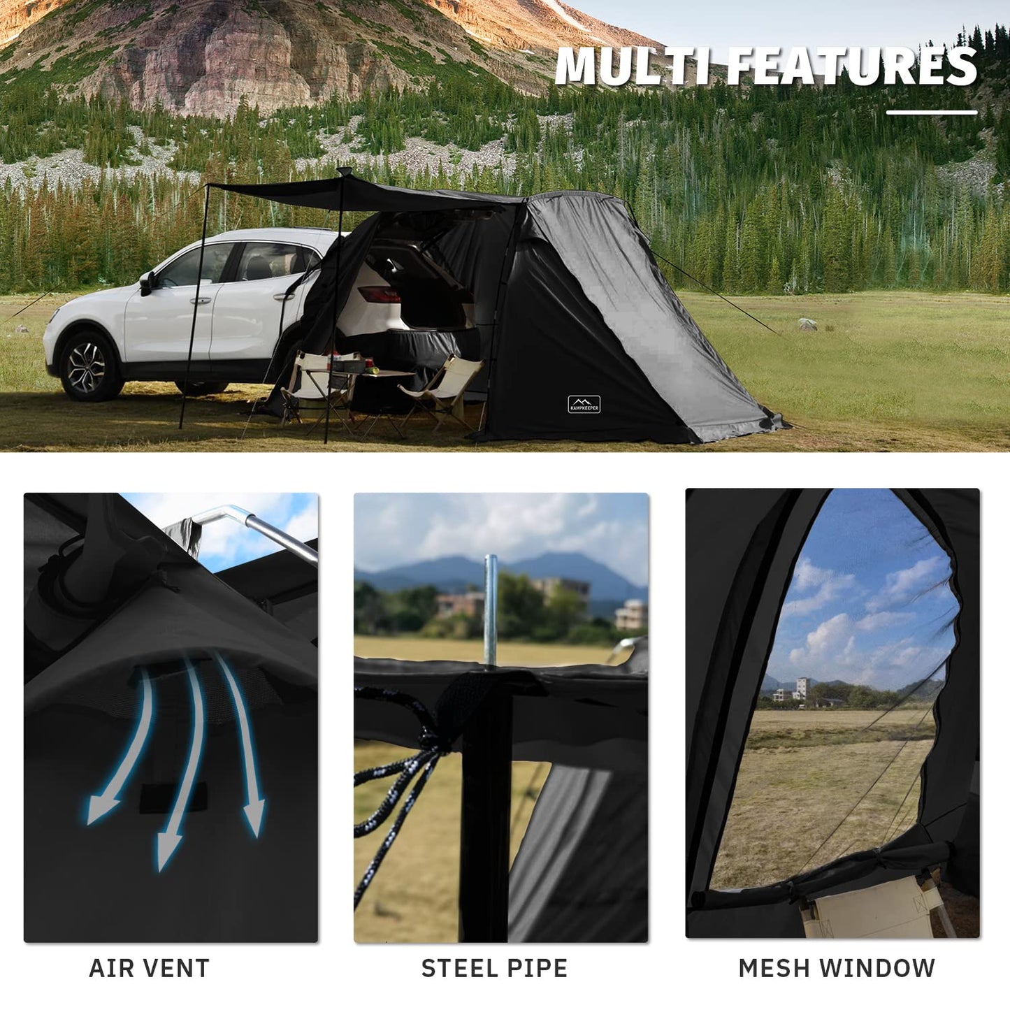 KAMPKEEPER SUV Car Tent, Tailgate Shade Awning Tent for Camping, Vehicle Camping Tents Outdoor Travel (Black)