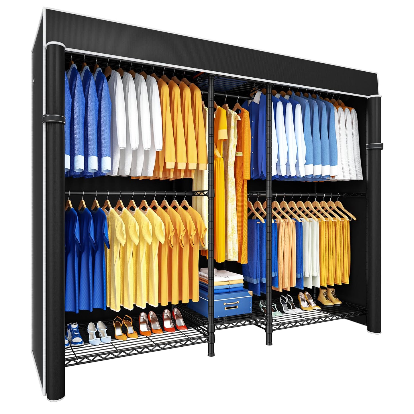 Ulif E12C Pro Heavy Duty Closet Organizer System，Freestanding Clothing Rack, Adjustable Garment Rack 71" W x 16" D x 76.5" H Holds 960 lbs, Black Rack with Black Dustproof Cover